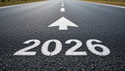 2026 white arrow road marking symbolizing new year journey, progress, future success, direction, vision, leadership, achievement, motivation, growth