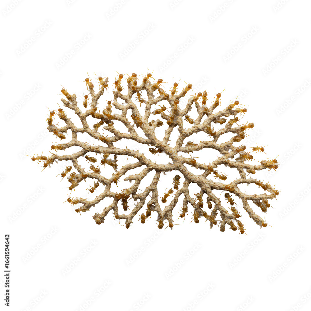Poster ultra-realistic, top-down macro of an intricate, branching termite foraging path on a transparent st