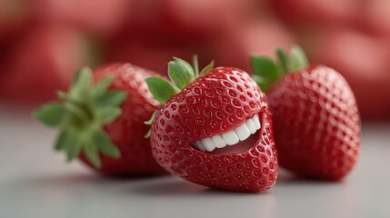 Vibrant strawberries displaying a whimsical smile, delighting audiences with their playful charm in a colorful harvest setting. Dental Hygiene Month