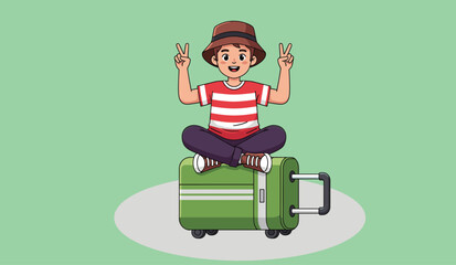 Vector illustration of a relaxed traveler sitting on green suitcase making peace signs, ready for vacation in striped shirt and hat.