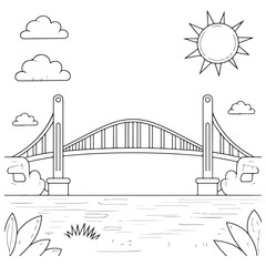 Peaceful Bridge Over River with Plants and Clouds - Perfect Kids’ Nature Illustration