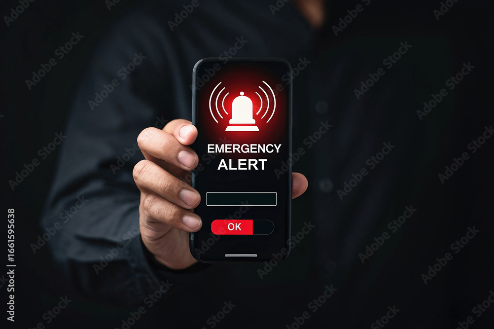 Poster emergency alert on smartphone displaying low feedback request for critical information and urgent no