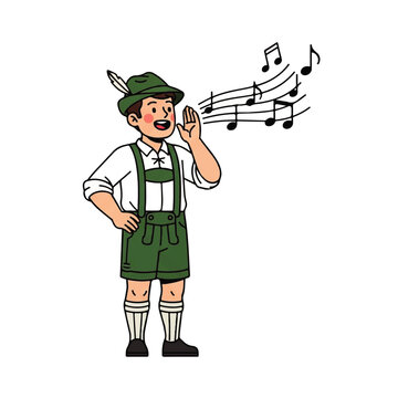 Cheerful cartoon man in traditional Bavarian lederhosen and feathered hat singing a lively tune.
