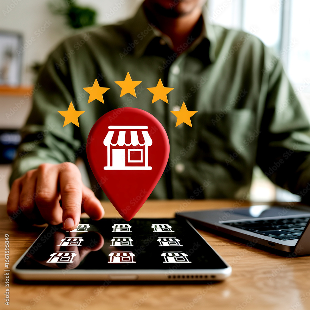 Poster man using tablet for local business search with five star rating and store icons for online shopping