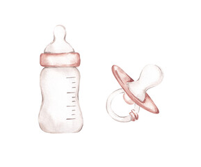 New born accesories set isolated on white background. Bottle, nippler hand drawn by watercolor. Cute nursing clip art in grey, beige colors. Gender neutral design elements for baby shower card, invite