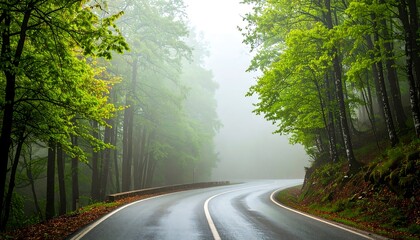 Winding road through a misty forest landscape with lush green foliage