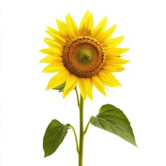 Obraz premium Single sunflower with vibrant yellow petals and green leaves against a white background