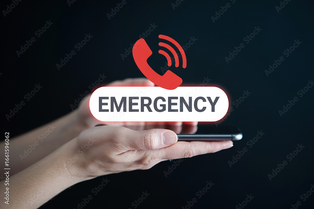 Poster emergency call on mobile phone with low feedback indication against a dark background for urgent com
