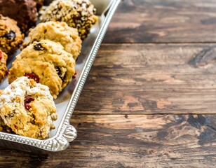 Assorted cookies in a silver tray on a wooden table