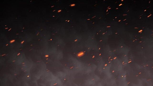 fire embers Particles with smoke, Flying embers, bonfire sparkles overlay background and flames, Fiery Orange Bonfire Particles Over Black Background. bonfire flares, dusty glowing hot fire particle,