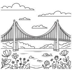 Beautiful Bridge Over Calm Water with Clouds and Plants - Nature Illustration for Children