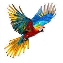 Fototapeta premium Vibrant parrot in flight against a white background. Colorful wings and body. Bold, vivid colors