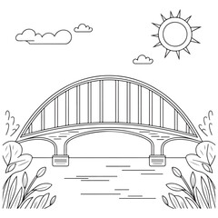 Scenic Bridge Crossing Over River with Plants and Clouds - Beautiful Landscape for Kids’ Art