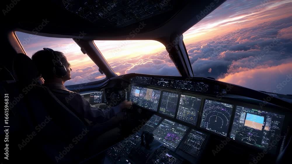 Poster ambientlit cockpit showing a pilot adjusting autopilot in front of multiple digital displays sunrise