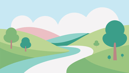 Fototapeta premium Serene rolling hill landscape illustration with soft pastel colors and winding path