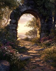 Obraz premium Ancient stone archway in a lush forest with sunlight filtering through trees and foliage