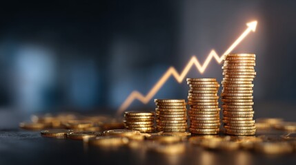 Rising financial growth arrow on stacked coins with digital profit graph, investment strategy concept showing business success, economic market development, earnings increase, and futuristic finance b