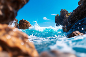 Dramatic dark stormy sea waves crashing with immense force against jagged coastal rocks