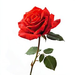 Single vibrant red rose with green leaves on a white background