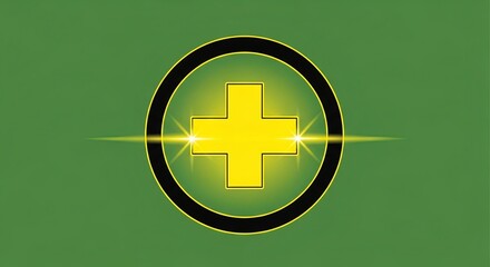 Obraz premium Bright yellow cross logo with glowing effects on green background
