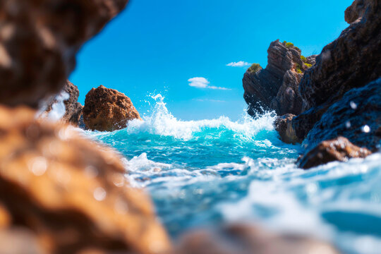 Dramatic dark stormy sea waves crashing with immense force against jagged coastal rocks