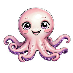 A super cute baby octopus in kawaii cartoon style, round soft body with short tentacles, big shiny eyes, pastel pink and purple tones, cheerful and friendly, high resolution, white background.