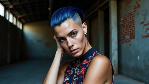 Una mujer con un corte de pelo hacia atr&aacute;s con mechas vibrantes en azul cobalto y grafito posa en una editorial de alta costura