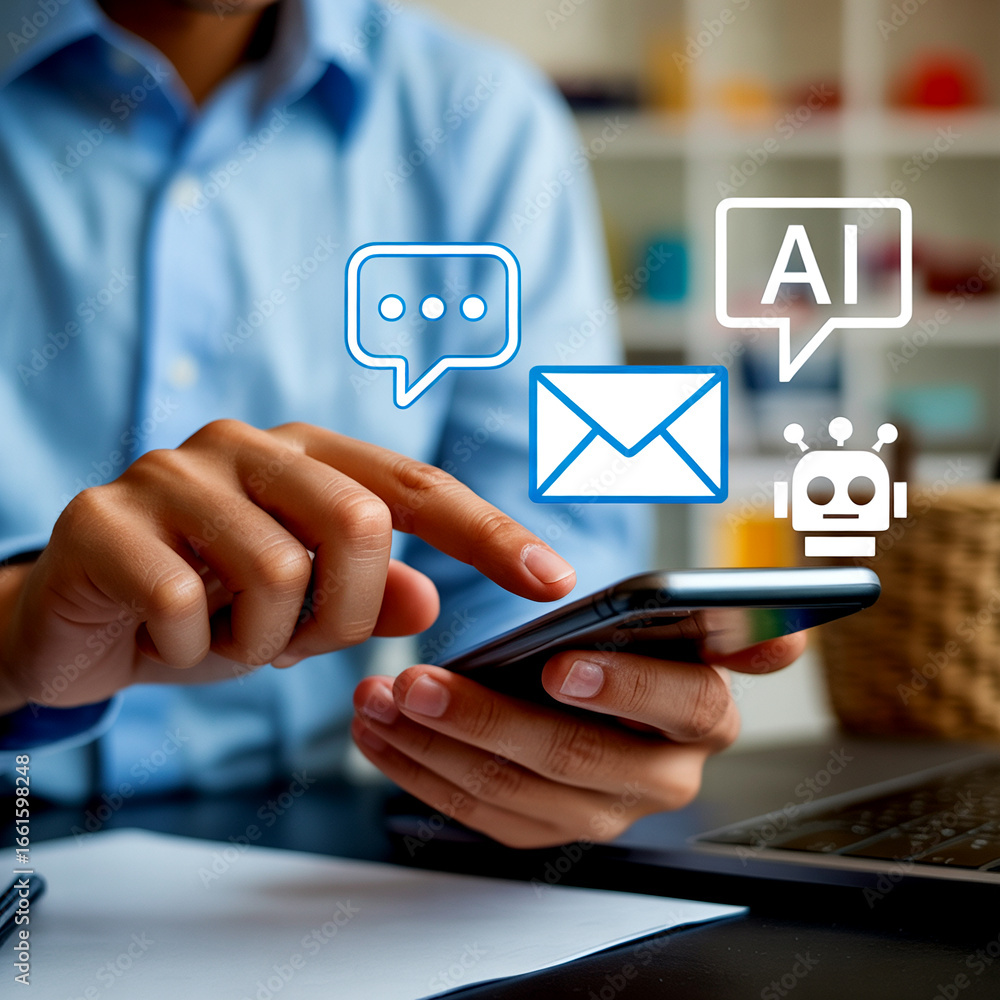 Aufkleber person interacting with artificial intelligence through a smartphone for email messaging and chatbot