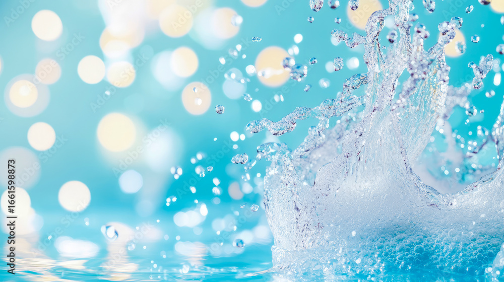 Poster crystal clear water splash creating dynamic patterns and droplets against vibrant azure background, 