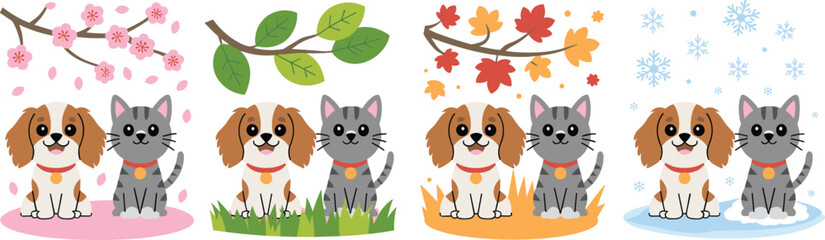 Cute cartoon dog and cat illustration with four seasons background, spring summer autumn winter animal character design, pet vector art