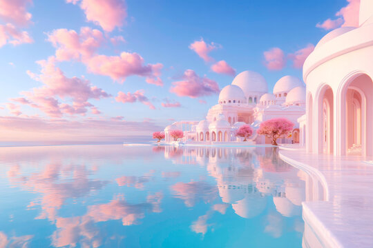 Scifi futuristic cityscape with floating dome structures and stunning water reflections at night