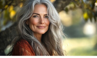 gorgeous mature lady with long hair, 65 years old, smiling gracefully. The image captures her beauty and confidence, showcasing the elegance of age and the joy of life, Generative AI