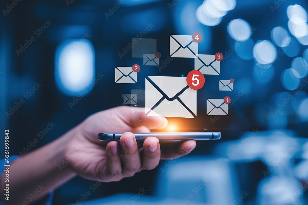 Poster hand holding smartphone with email notifications displaying low feedback for communication and digit