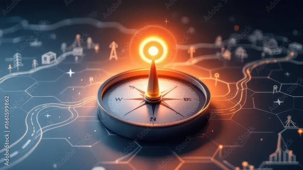 Poster guiding light: a compass with glowing central point illuminating the way forward, highlighting the p