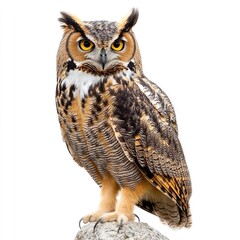 Fototapeta premium Great horned owl portrait, alert gaze, perched on rock