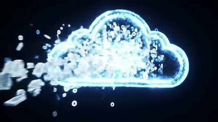 Glowing cloud emerges from scattered blocks against a dark background, suggesting digital connectivity and abstract data transfer - Powered by Adobe