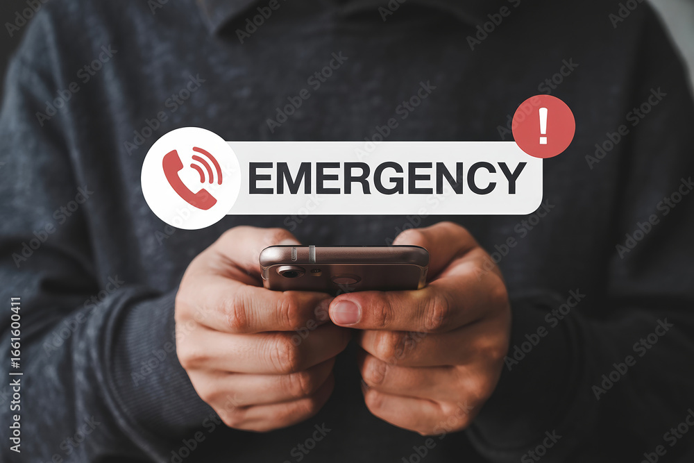 Poster holding mobile phone with emergency call notification displayed and low feedback indication against 