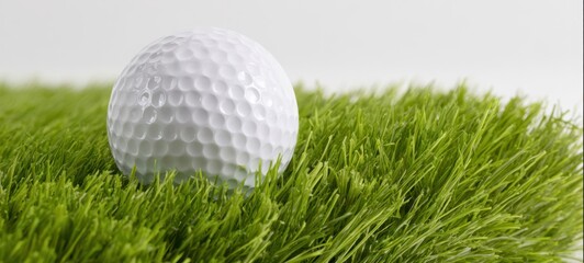 The golf ball resting on vibrant green grass background.