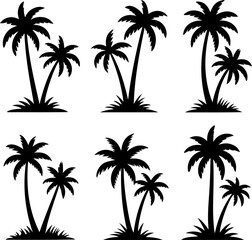 black silhouette illustrations of palm trees grouped in small clusters 