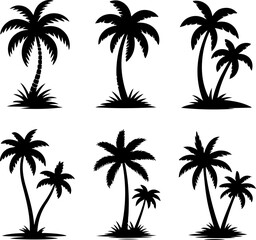 black silhouette illustrations of palm trees grouped in small clusters 