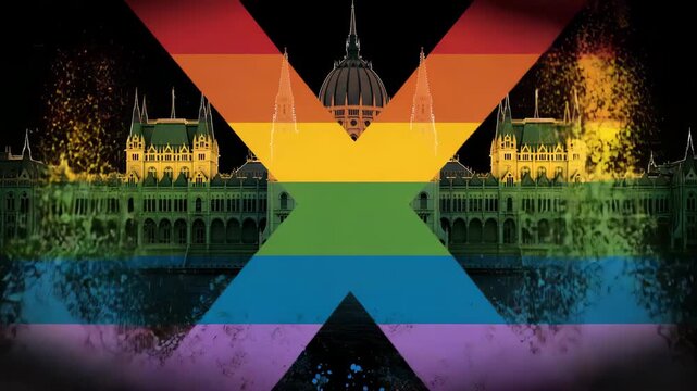 A rainbow flag is displayed on a building. Rainbow flag with &ldquo;X&rdquo; tape across center, faint generic Hungary Parliament silhouette behind, Hungary LGBTQ+ restrictions, dark conceptual