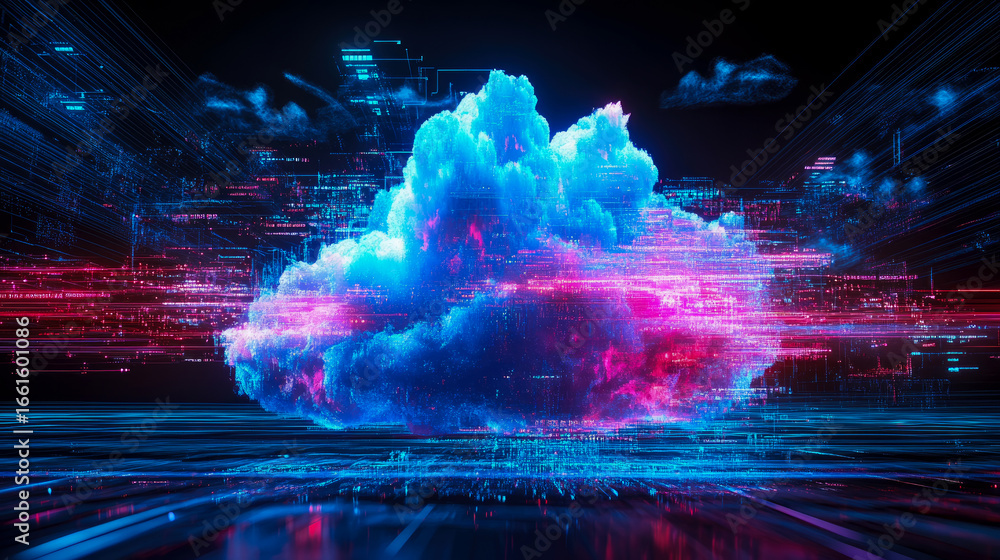 Poster vibrant digital cloud computing network concept with luminous blue and magenta data streams flowing 
