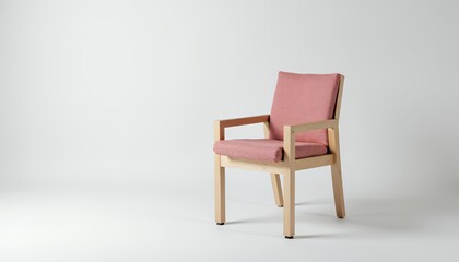 A wooden chair with light pink cushions is placed against a plain white background, conveying a minimalist and modern design aesthetic.