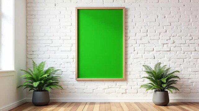 Green screen in frame on white brick wall with plants and wood floor in bright interior scene
