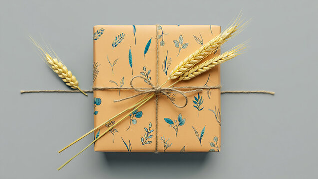 Wrapped Gift Box with Floral Pattern and Wheat Stalks present packaging