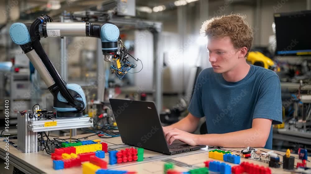 Poster automated sixaxis robotic arm sorts colored blocks with accuracy in a smart robotics lab while a tec