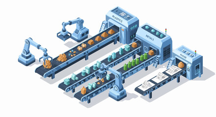Obraz premium Modern Automated Industrial Production Line with Robotic Arms and Conveyor Belts Transforming Raw Materials into Finished Products in a Smart Factory Environment
