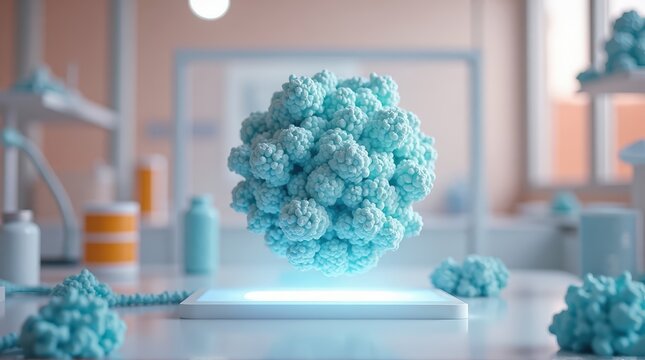 3d Model of a Blue Virus Particle Hologram Display in Laboratory Environment - Powered by Adobe