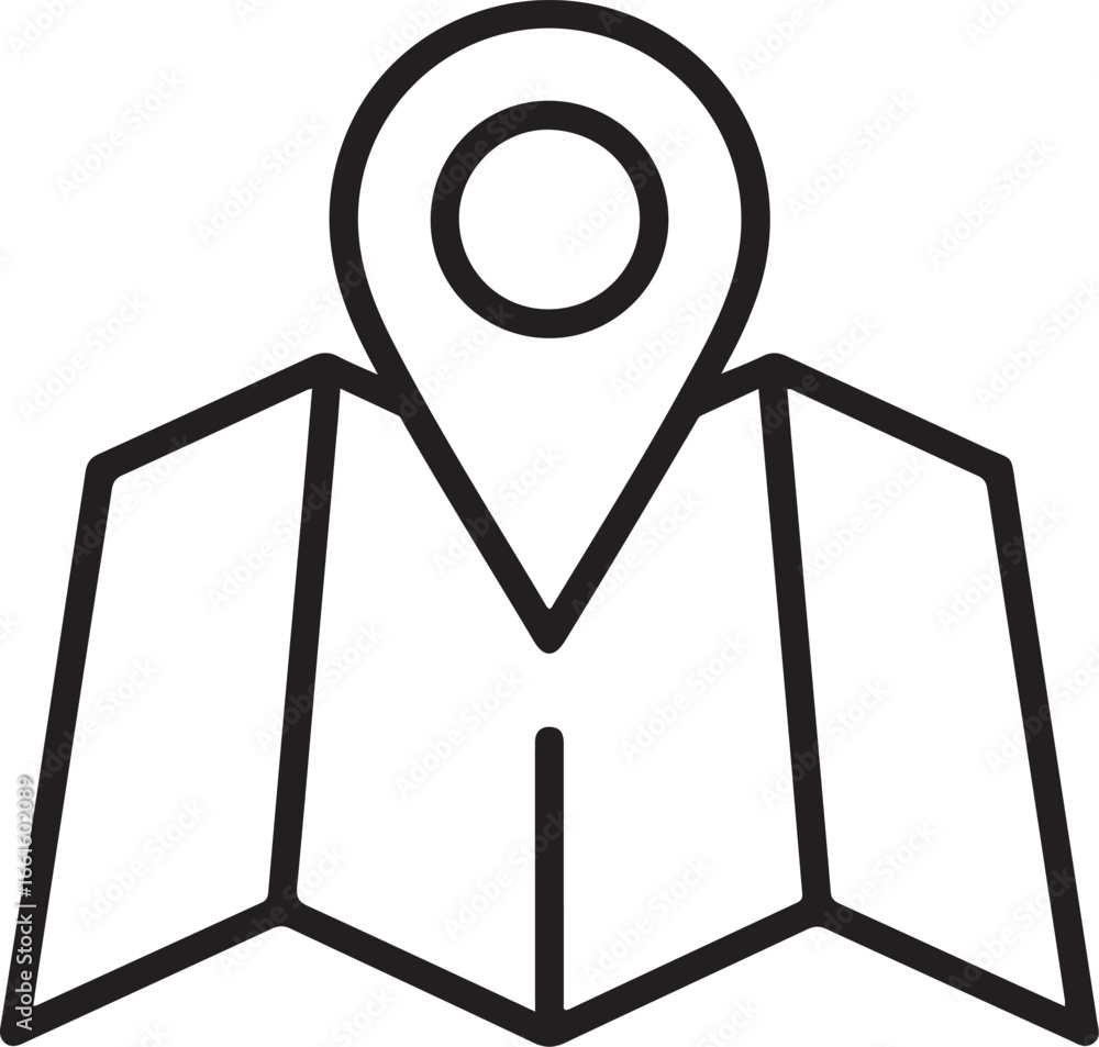 Poster abstract line art icon of a folded map with a location pin marker for navigation and travel