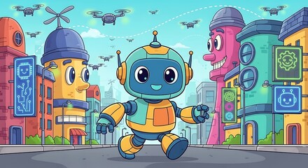Cute Robot Exploring a Futuristic City with Drones